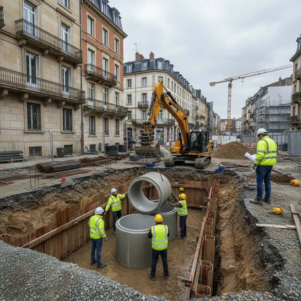 Ingenieure installieren Betonrohre auf einer Baustelle